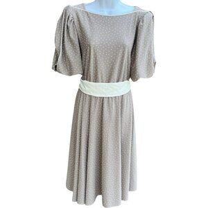 Vintage Women's Prairie Dress Beige Tan Cream Dot Belted Size Medium/Large